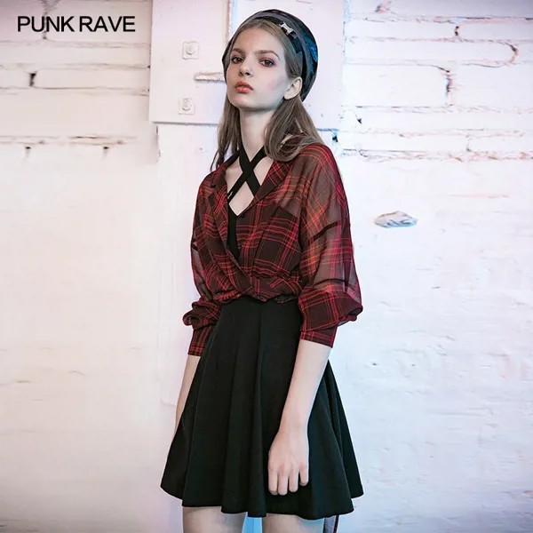 Защитная одежда Повседневный TopsPUNK RAVE женский Готический клетчатый костюмный воротник шифоновая рубашка с длинным рукавом милый крутой жен...