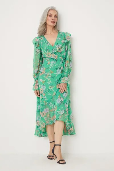 Зеленое платье с запахом и рюшами в ботаническом стиле Wallis, зеленый