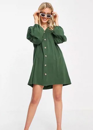 Платье мини цвета хаки на пуговицах с длинными рукавами и присборенной юбкой ASOS DESIGN Tall-Зеленый цвет