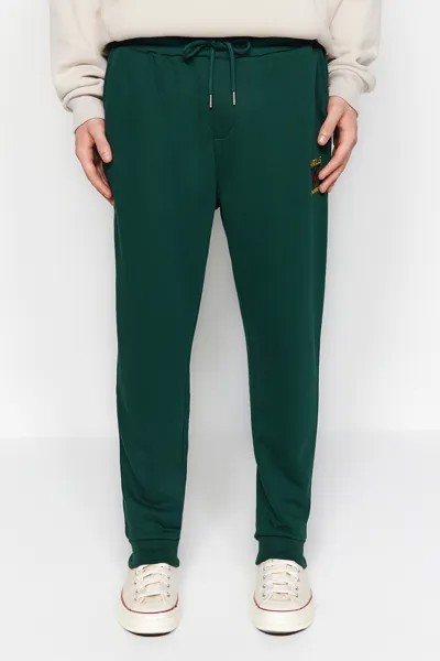 Штаны спортивные мужские эластичные Trendyol с геометрическим текстом и вышивкой на шнурке, зеленый