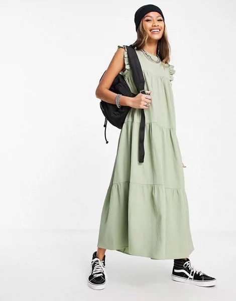 Платье миди бледного оттенка цвета хаки с рукавами-рюшами ASOS DESIGN-Зеленый цвет