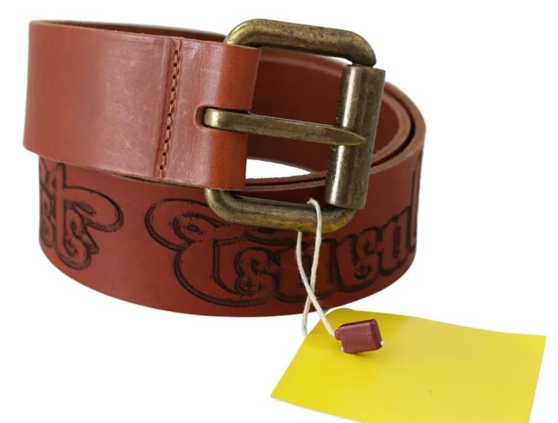 JUST CAVALLI Ремень Коричневый кожаный с логотипом, бронзовая металлическая пряжка в деревенском стиле, пояс 85 см / 4