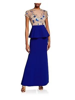 AIDAN MATTOX Женское синее вечернее платье-футляр макси с короткими рукавами синего цвета 2
