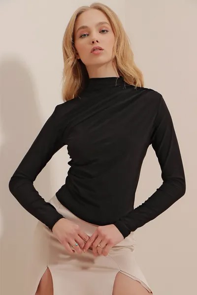 Женская черная укороченная блузка песочного цвета с высоким воротником и драпировкой на плечах ALC-X9554 Trend Alaçatı Stili, черный