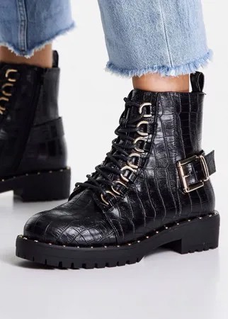Черные походные ботинки на шнуровке с имитацией кожи крокодила ASOS DESIGN Aura-Черный цвет