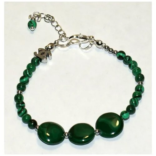 Браслет-цепочка AV Jewelry серебряный из малахита натурального размер 17-22 ручной работы в подарочной коробочке, малахит, размер 18 см, размер L, зеленый, серебристый