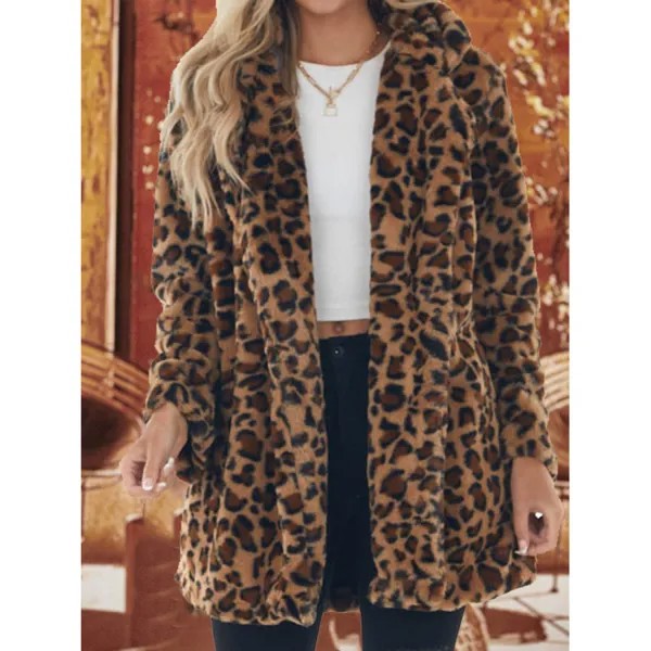 Повседневное плюшевое термокарманное пальто с леопардовым принтом