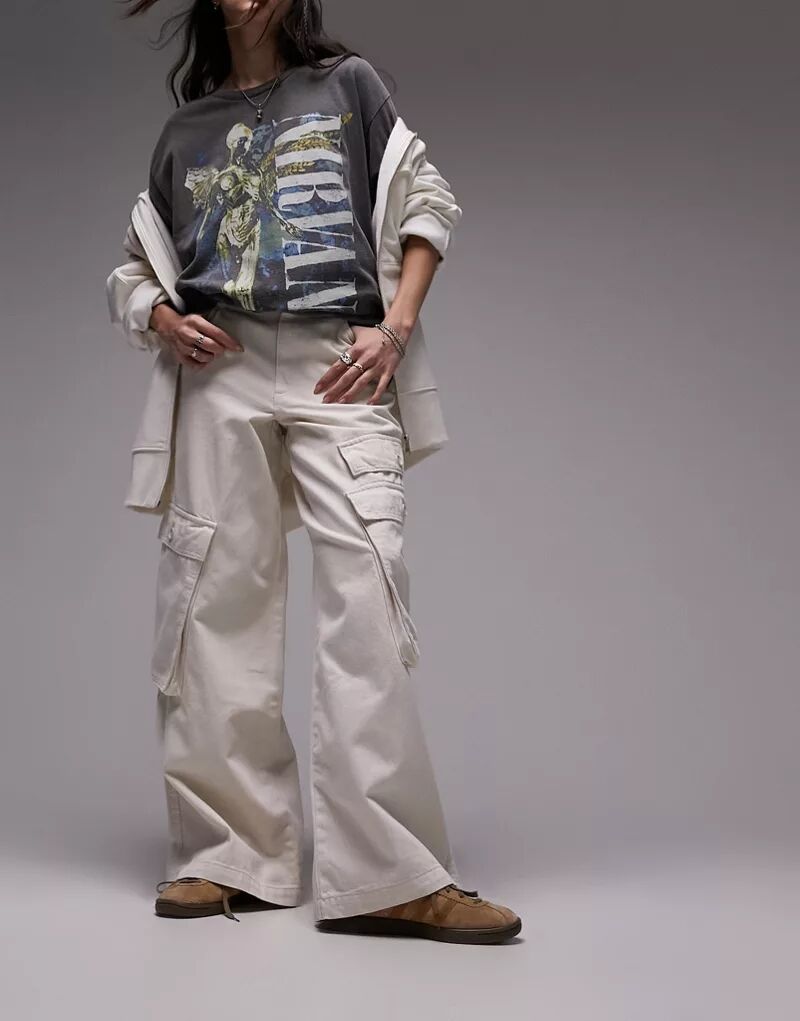 Бежевые широкие брюки карго Topshop с боковыми карманами
