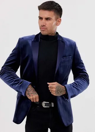 Темно-синий бархатный блейзер-смокинг для выпускного приталенного кроя ASOS DESIGN