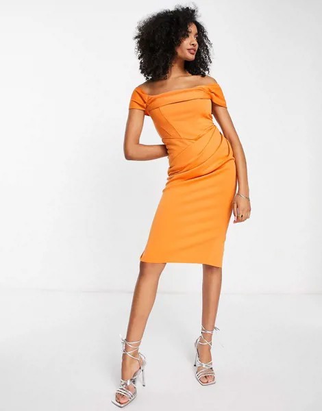 Платье-футляр миди выгоревшего оранжевого цвета с корсетным дизайном, драпировкой и открытыми плечами ASOS DESIGN-Оранжевый цвет