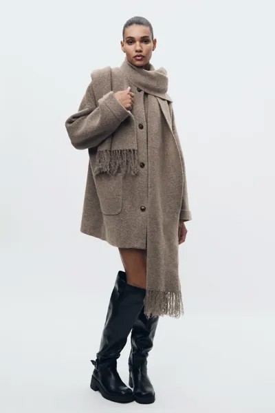 Короткое вязаное пальто с шарфом ZARA, норковый