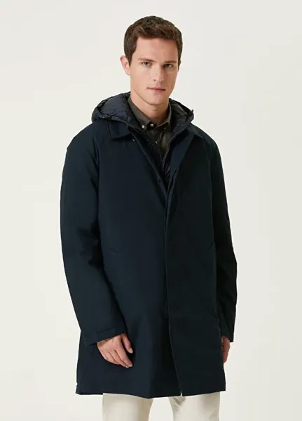 Твиловое пальто темно-синего цвета с капюшоном и внутренней частью воротника Beymen