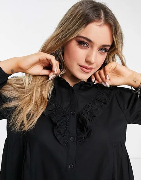 Черное платье-рубашка из поплина с оборками Miss Selfridge