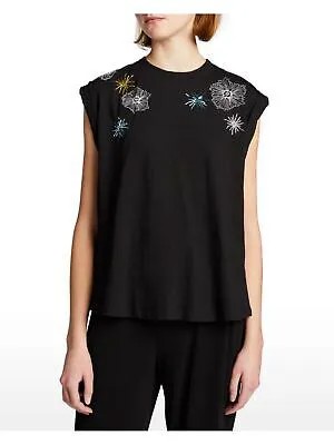 CINQ A SEPT Женская черная футболка без рукавов с круглым вырезом и цветочной вышивкой XS XS