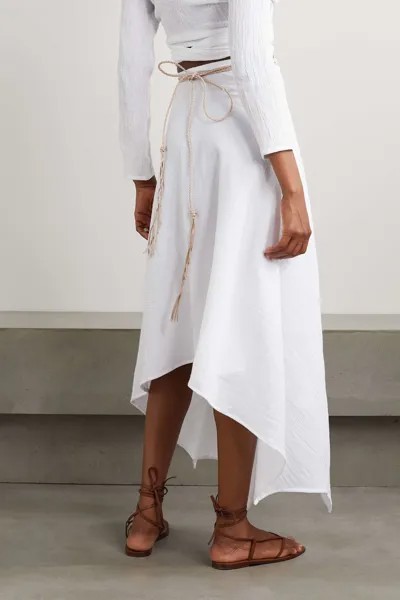 CARAVANA + NET SUSTAIN Асимметричная юбка миди Kuyay из хлопка и газа с кожаной отделкой, кремовый