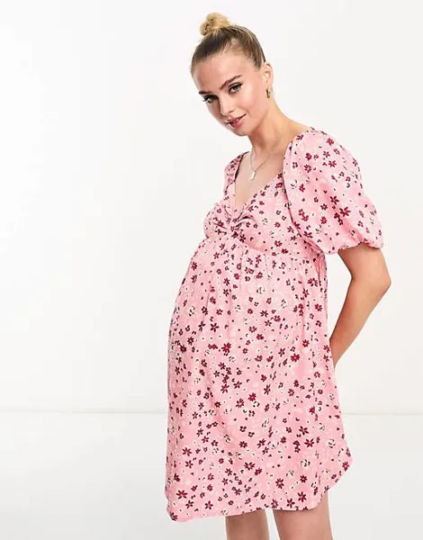 Розовое мини-платье с пышными рукавами и цветочным принтом Wednesday's Girl Maternity