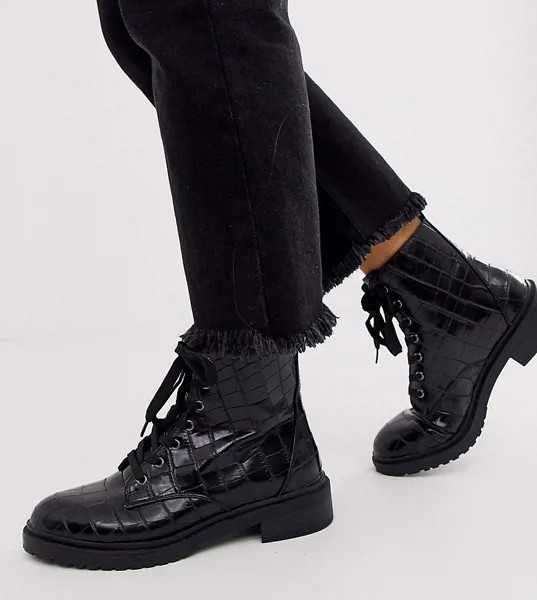 Черные походные ботинки для широкой стопы со шнуровкой New Look-Черный