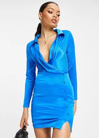 Синее платье-рубашка мини из атласа на пуговицах ASOS DESIGN Petite-Голубой