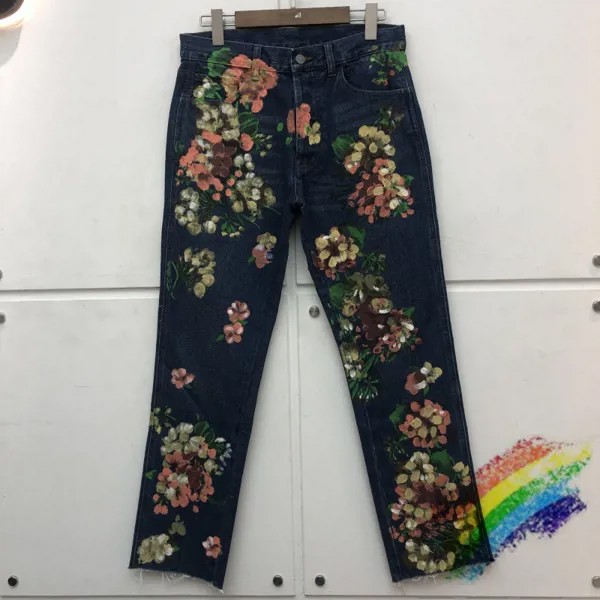 Винтажные потертые джинсы с цветочным принтом граффити для мужчин и женщин, брюки высокого качества