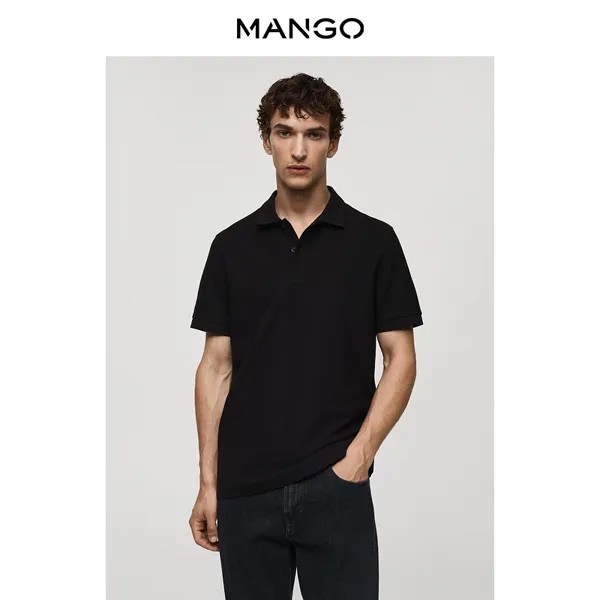 Мужская футболка MANGO, новинка лета 2024, черная хлопковая однотонная футболка с лацканами и пуговицами, черный
