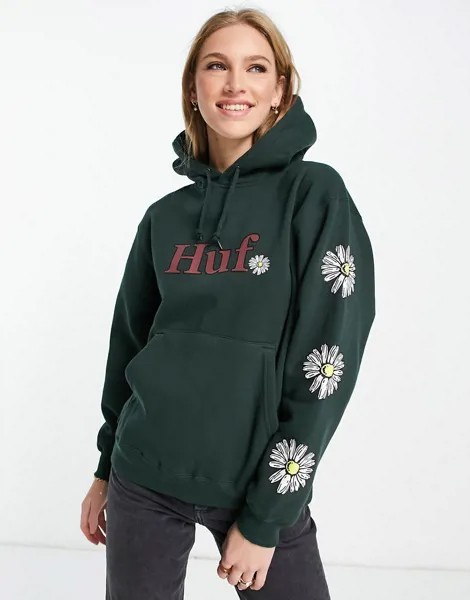 Oversized-худи с логотипом спереди и принтом в виде ромашек на рукавах Huf-Зеленый цвет