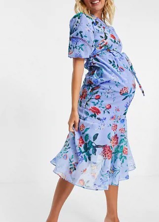 Синее асимметричное платье миди с объемными рукавами и принтом маков Hope & Ivy Maternity-Синий