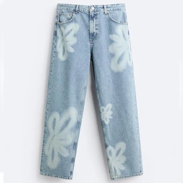 Джинсы Zara Floral Print Baggy, светло-голубой