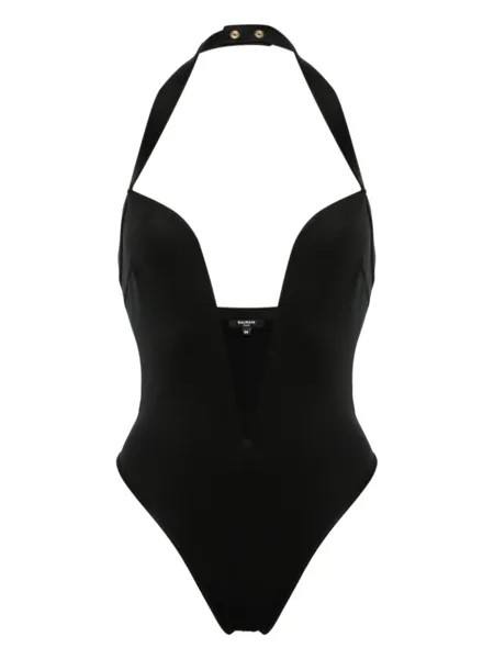Balmain plunging halterneck swimsuit, черный