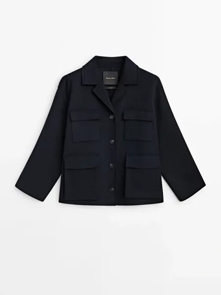 Пальто Massimo Dutti Short wool blend with pockets, темно-синий