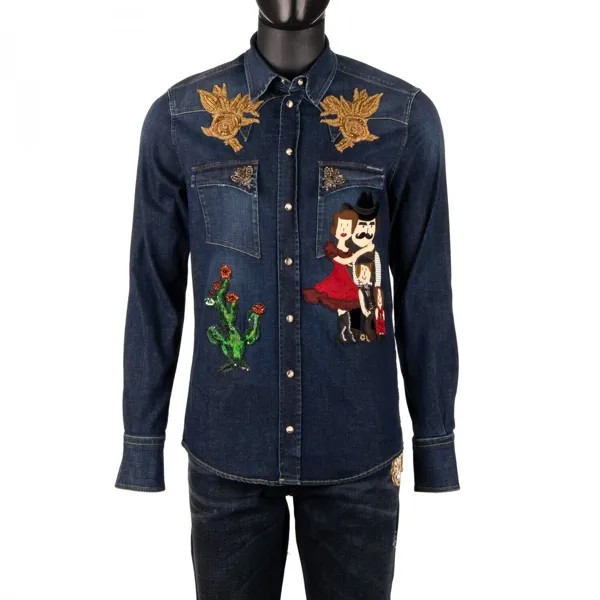 Джинсовая рубашка Dolce - Gabbana Jeans с золотой вышивкой пчела розово-синяя 09174