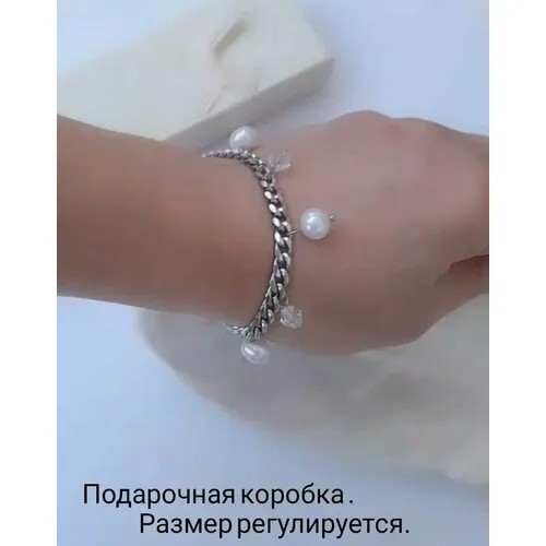 Браслет, стекло, 1 шт., белый, серебряный