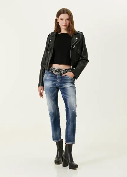 Укороченные джинсовые брюки темно-синего цвета с потертостями Dsquared2