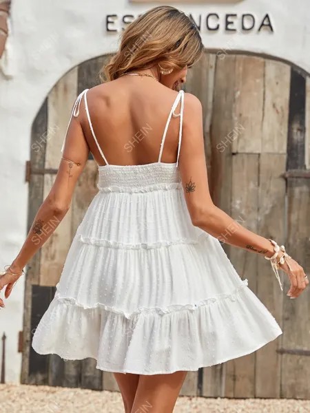 SHEIN VCAY Платье-комбинация на плечах с оборками и многоуровневым подолом в швейцарский горошек, белый
