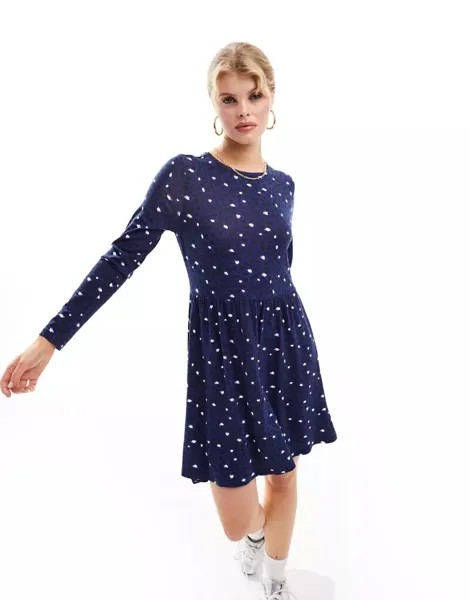 Свободное мини-платье Wednesday's Girl насыщенного синего цвета с размытым узором в горошек