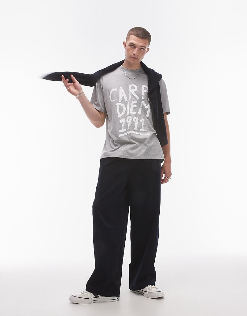 Футболка оверсайз Topman серого меланжевого цвета с принтом Carpe Diem