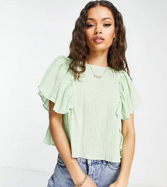 Светло-зеленая футболка из фактурной сетчатой ткани с оборками на рукавах ASOS DESIGN Petite-Разноцветный