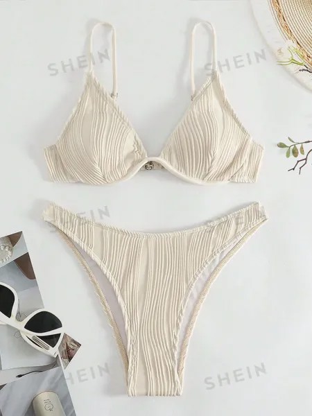 SHEIN Swim Basics Однотонный текстурированный раздельный купальник на косточках, бежевый