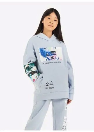 Голубое худи oversize с аниме-принтом для девочки Gloria Jeans, размер 14+/164
