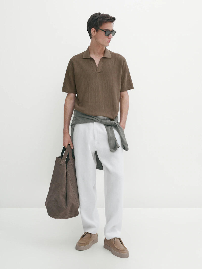 Трикотажная рубашка-поло с тканевой деталью Massimo Dutti, коричневый