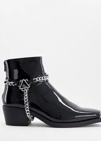 Лакированные черные ботинки челси в стиле вестерн из искусственной кожи на кубинском каблуке с металлической фурнитурой ASOS DESIGN-Черный цвет