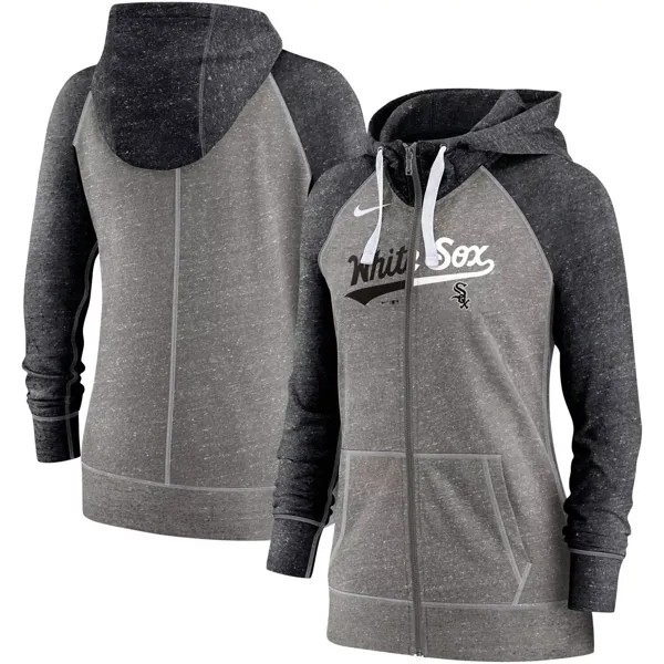 Женская худи Nike Heathered Charcoal/Black Chicago White Sox с разрезом Wordmark Gym Vintage реглан с молнией во всю длину Nike
