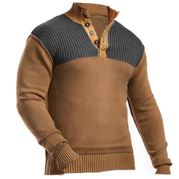 Мужской открытый ретро-контрастный теплый тактический пуловер Henley Sweater