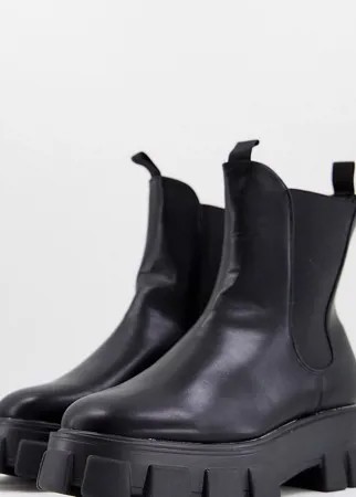 Черные ботинки челси из искусственной кожи на очень массивной подошве для широкой стопы Truffle Collection-Черный цвет