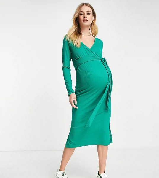 Трикотажное платье макси зеленого цвета с запахом спереди Mamalicious Maternity-Зеленый цвет