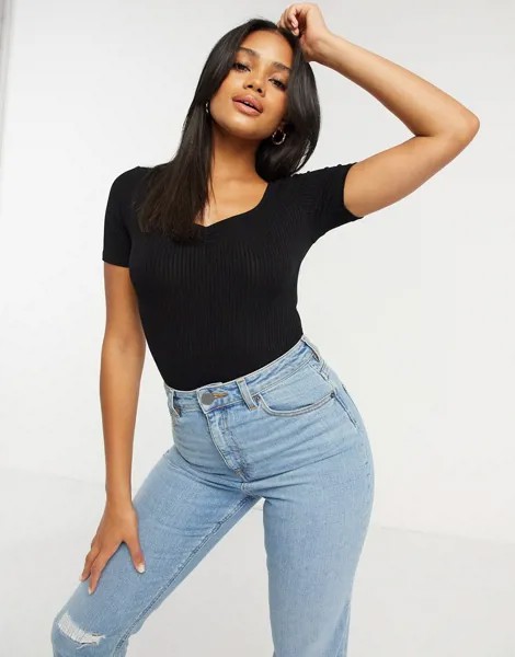 Боди черного цвета с вырезом сердечком и сборками ASOS DESIGN-Черный