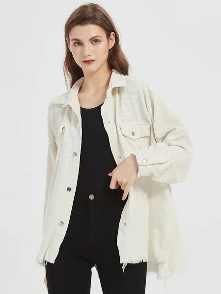 Milanoo Women Jacket Eric White Turndown Collar Long Sleeves Corduroy Casual Jacket