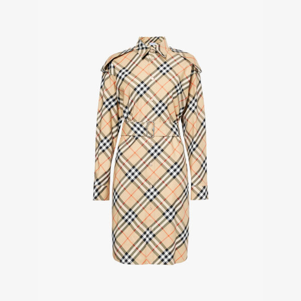 Платье миди из хлопкового твила в клетку с поясом на талии Burberry, желтый