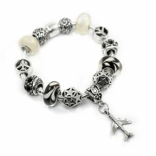 Браслет-цепочка Handinsilver ( Посеребриручку ) Браслет с шармами на основе из бижутерной стали, стразы, муранское стекло, стекло, 1 шт., размер 21 см, белый