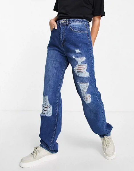 Свободные джинсы выбеленного голубого цвета с завышенной талией и рваной отделкой I Saw It First-Голубой