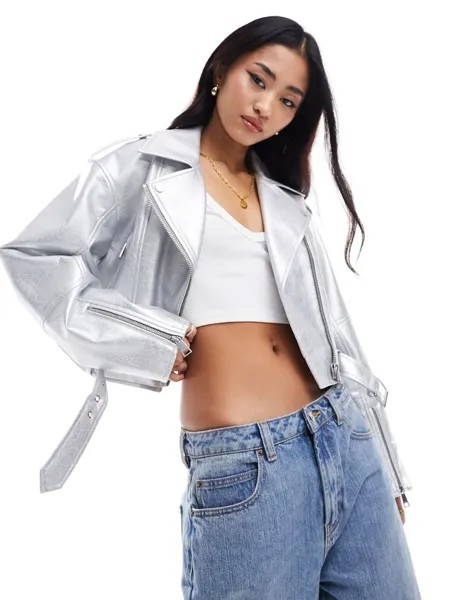 Байкерская куртка Pull&Bear серебристого металлика
